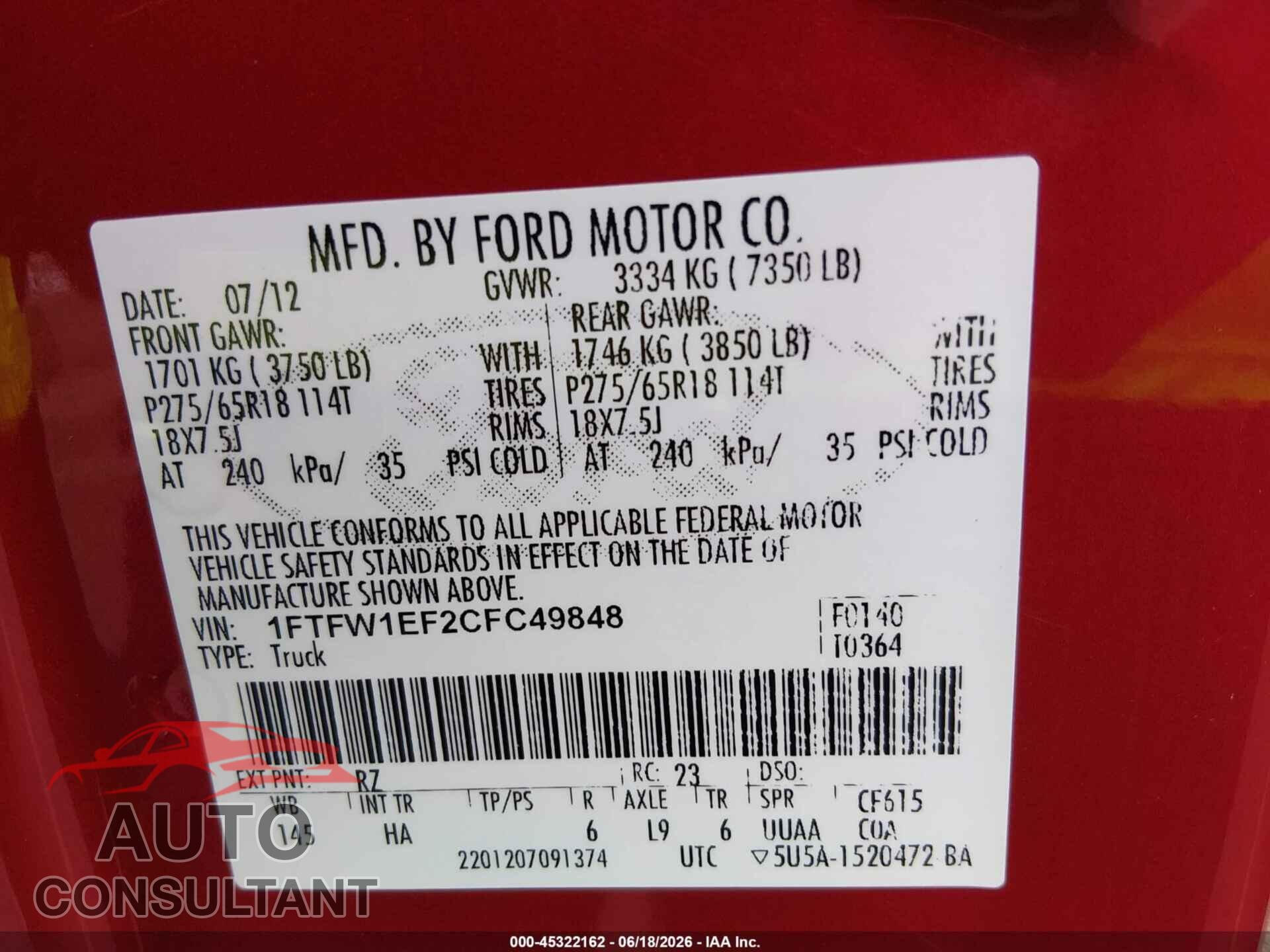 FORD F-150 2012 - 1FTFW1EF2CFC49848