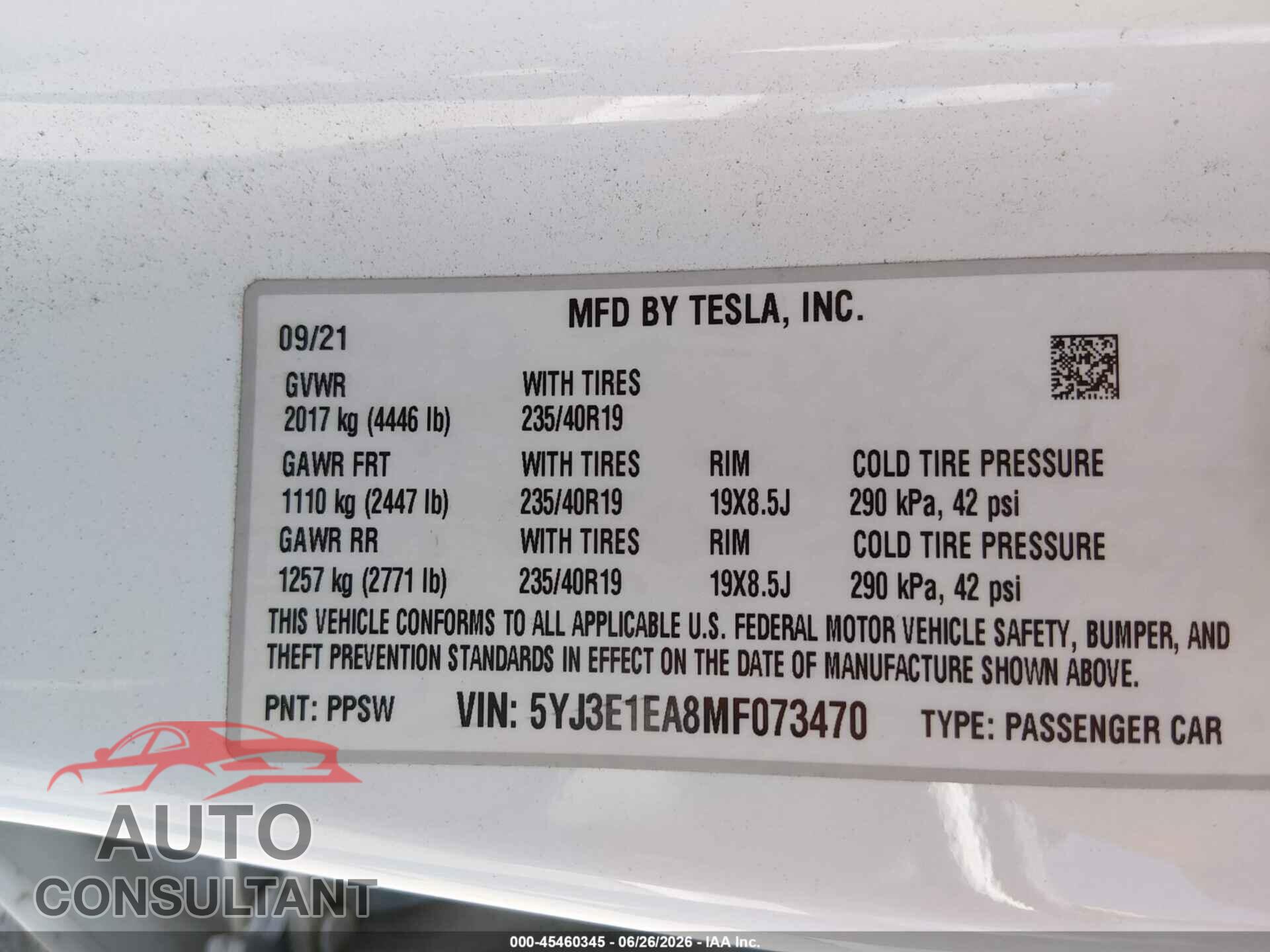 TESLA MODEL 3 2021 - 5YJ3E1EA8MF073470