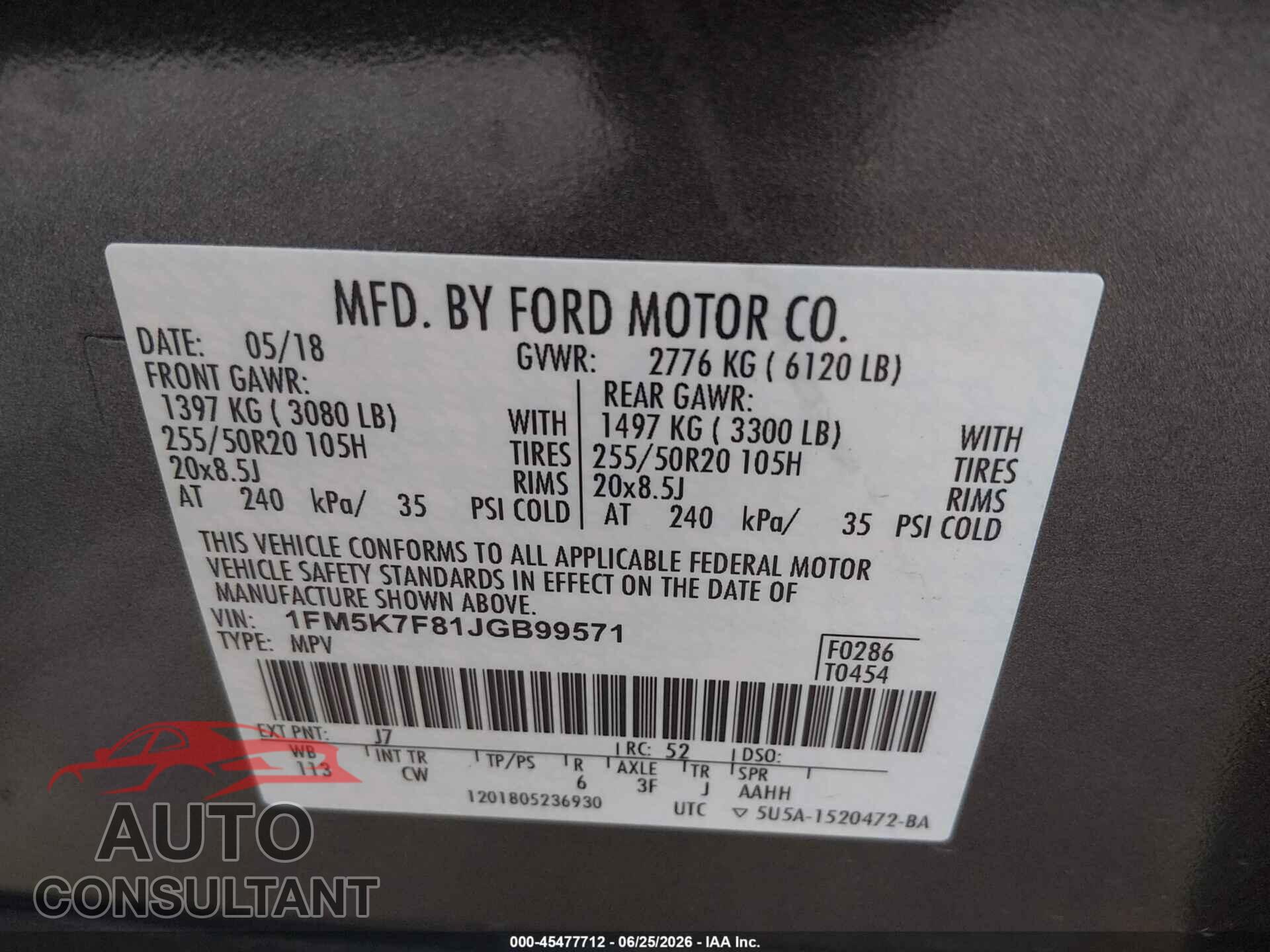 FORD EXPLORER 2018 - 1FM5K7F81JGB99571