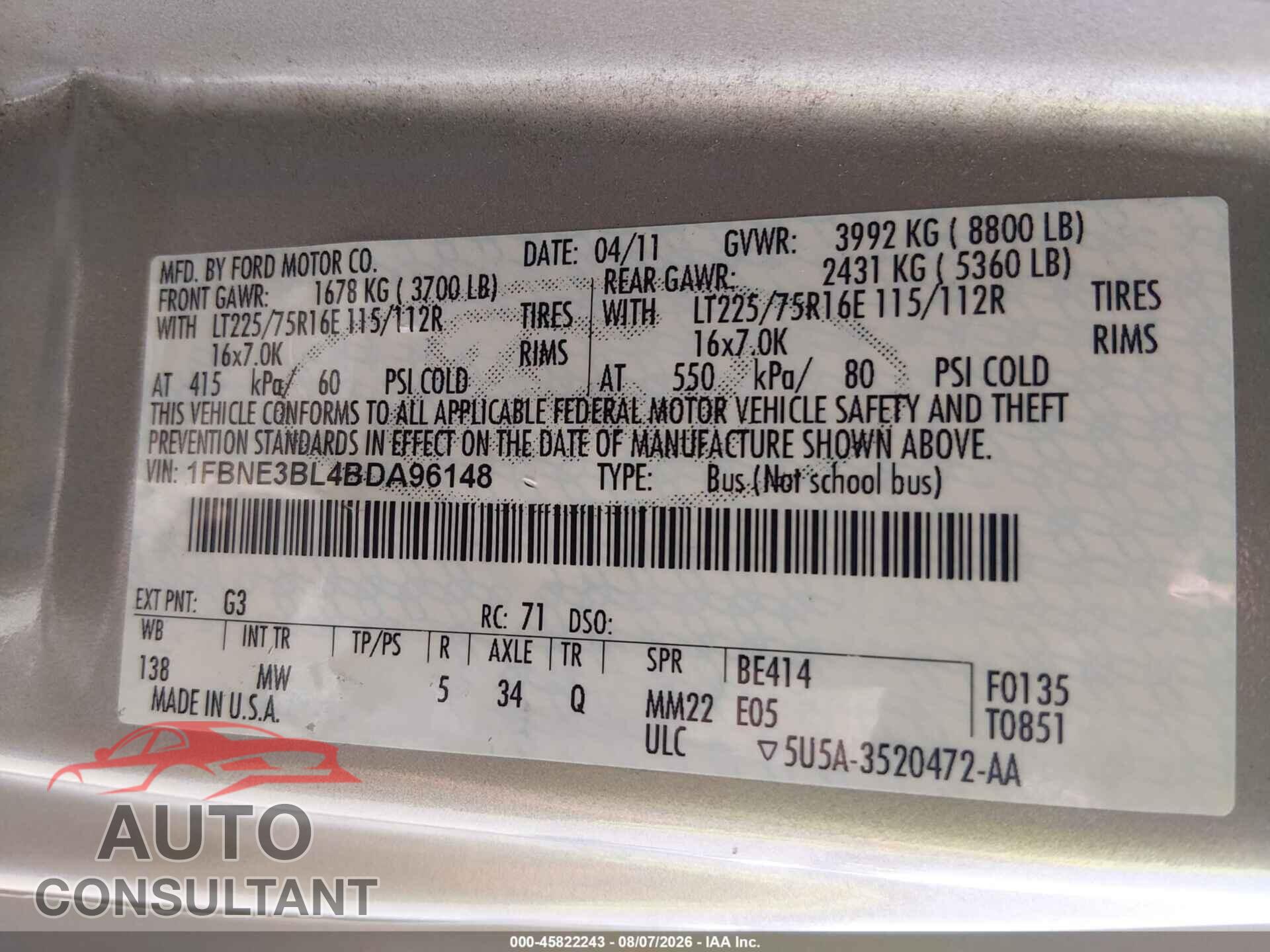 FORD E-350 SUPER DUTY 2011 - 1FBNE3BL4BDA96148