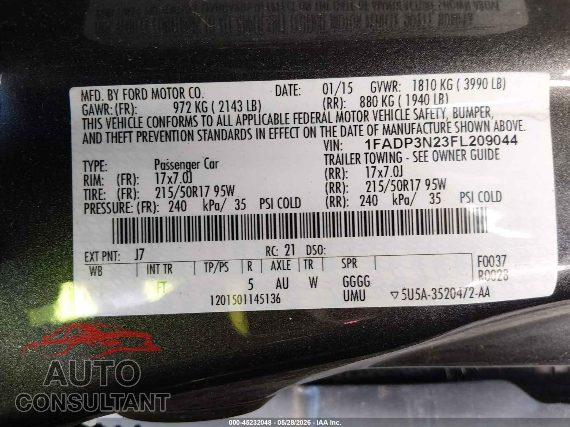 FORD FOCUS 2015 - 1FADP3N23FL209044