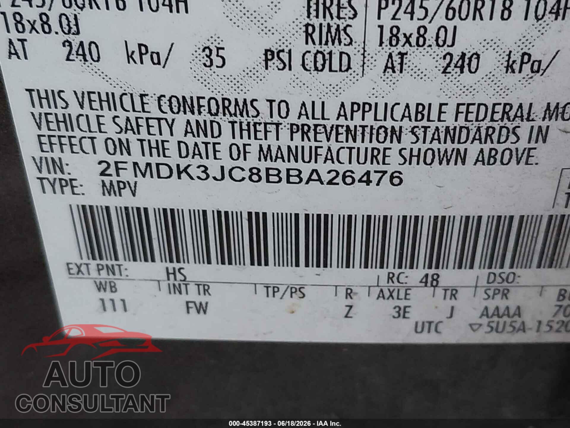 FORD EDGE 2011 - 2FMDK3JC8BBA26476