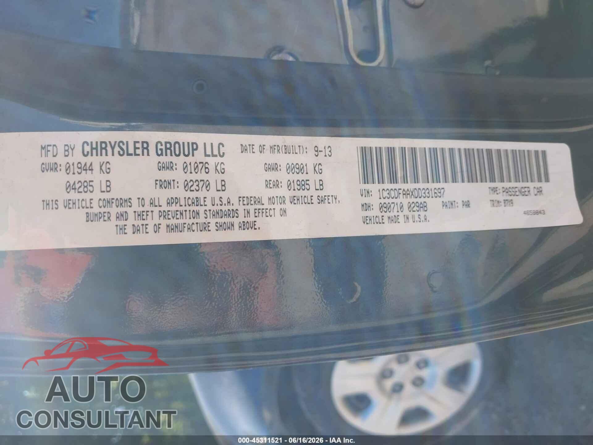 DODGE DART 2013 - 1C3CDFAAXDD331697
