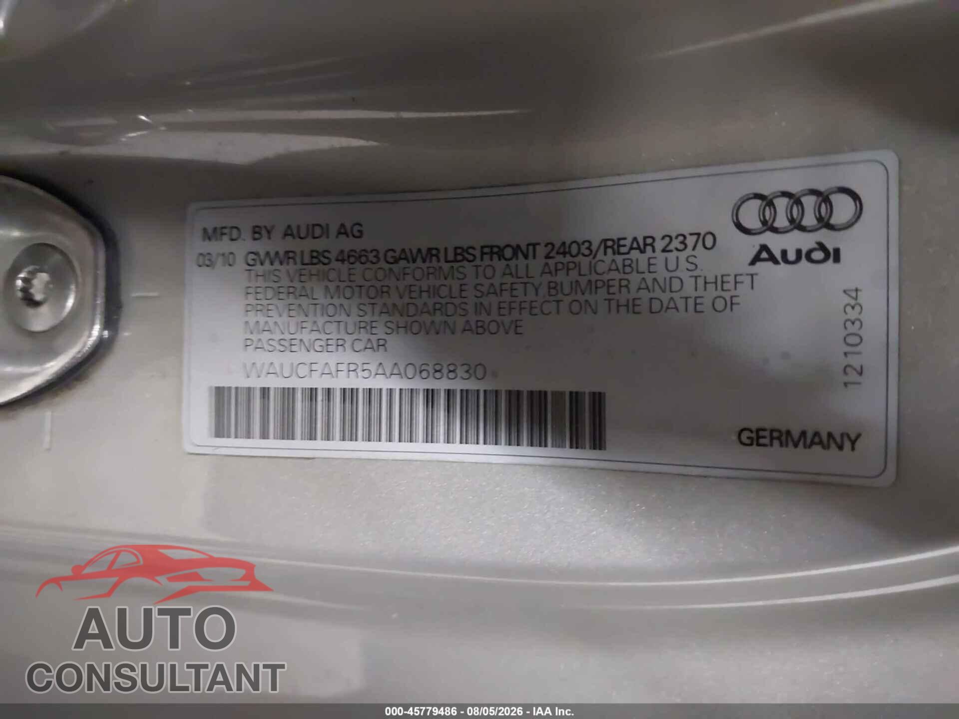 AUDI A5 2010 - WAUCFAFR5AA068830