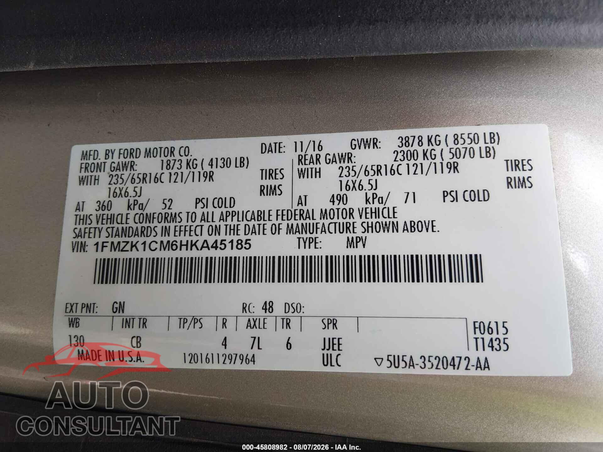 FORD TRANSIT-150 2017 - 1FMZK1CM6HKA45185