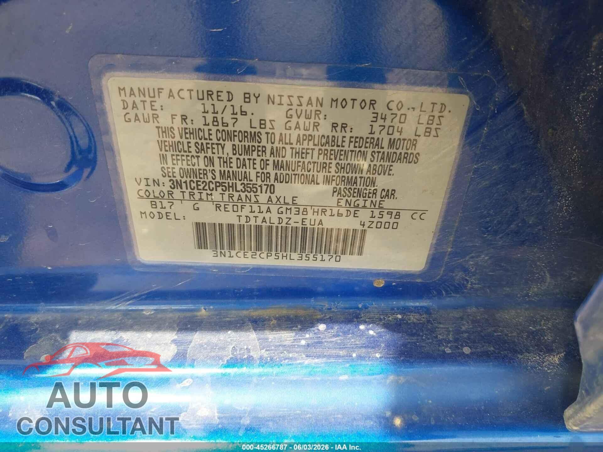 NISSAN VERSA NOTE 2017 - 3N1CE2CP5HL355170