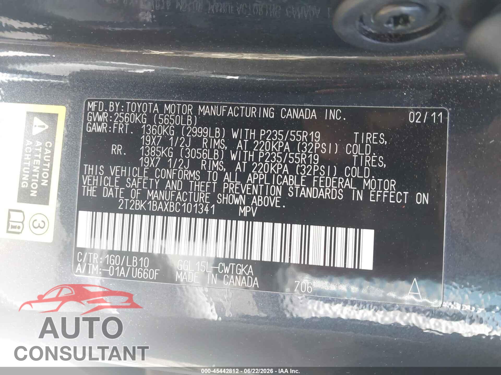 LEXUS RX 350 2011 - 2T2BK1BAXBC101341