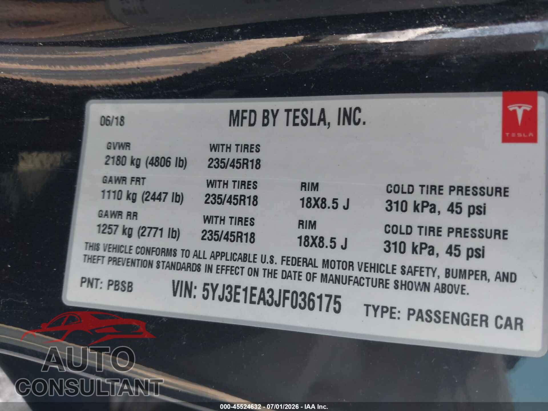 TESLA MODEL 3 2018 - 5YJ3E1EA3JF036175