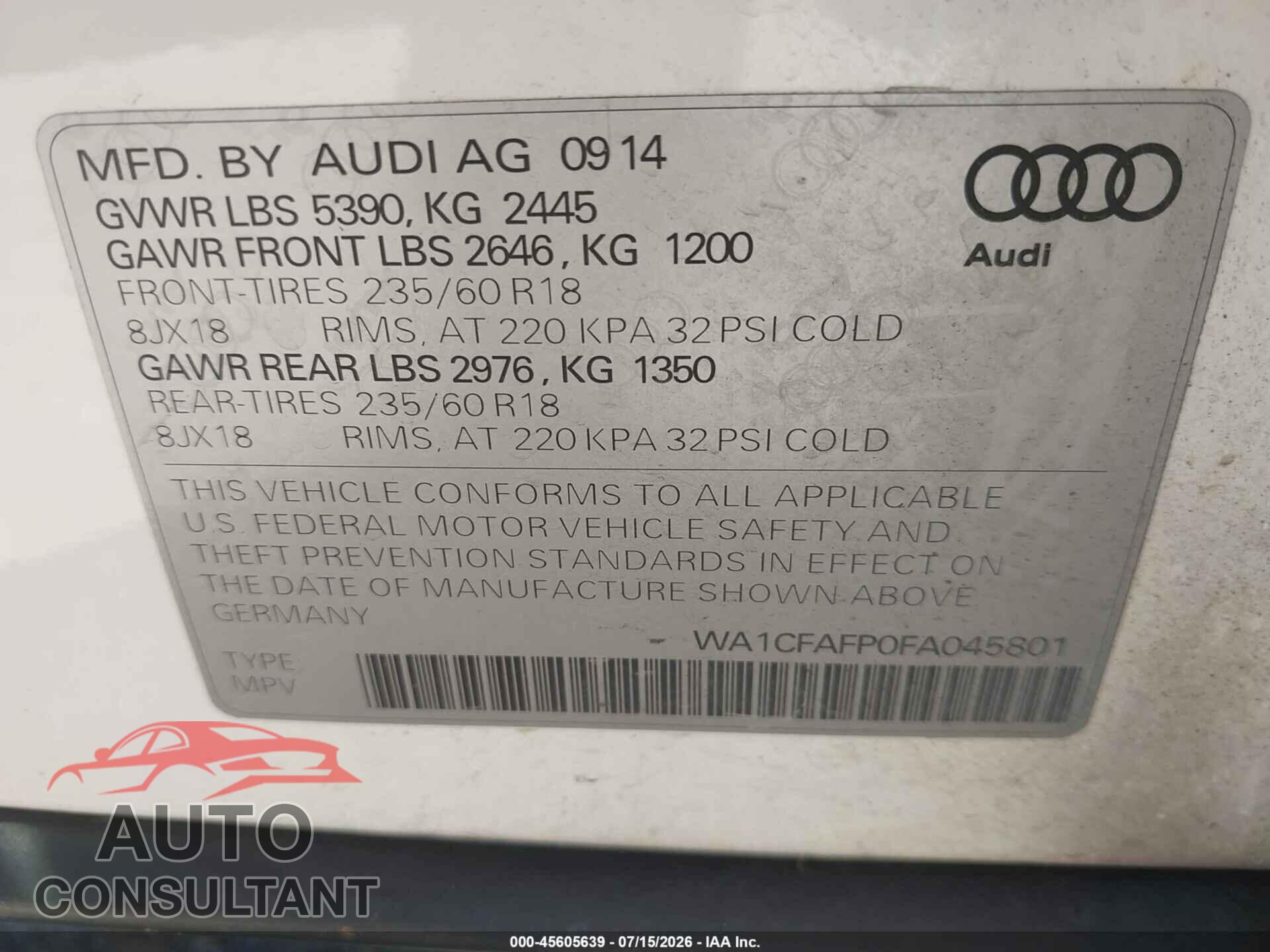 AUDI Q5 2015 - WA1CFAFP0FA045801