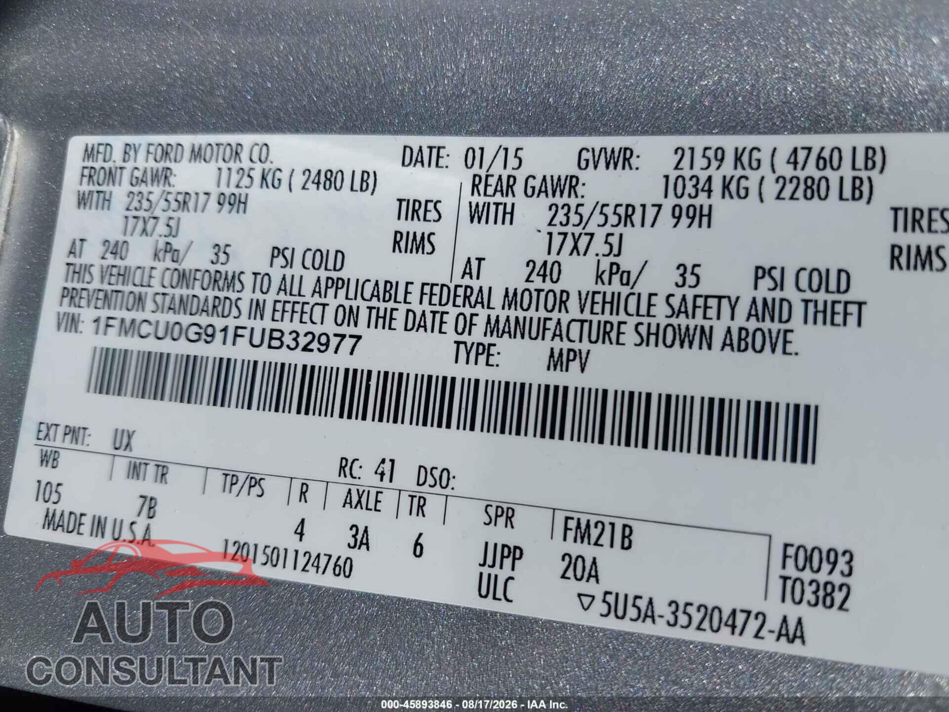 FORD ESCAPE 2015 - 1FMCU0G91FUB32977