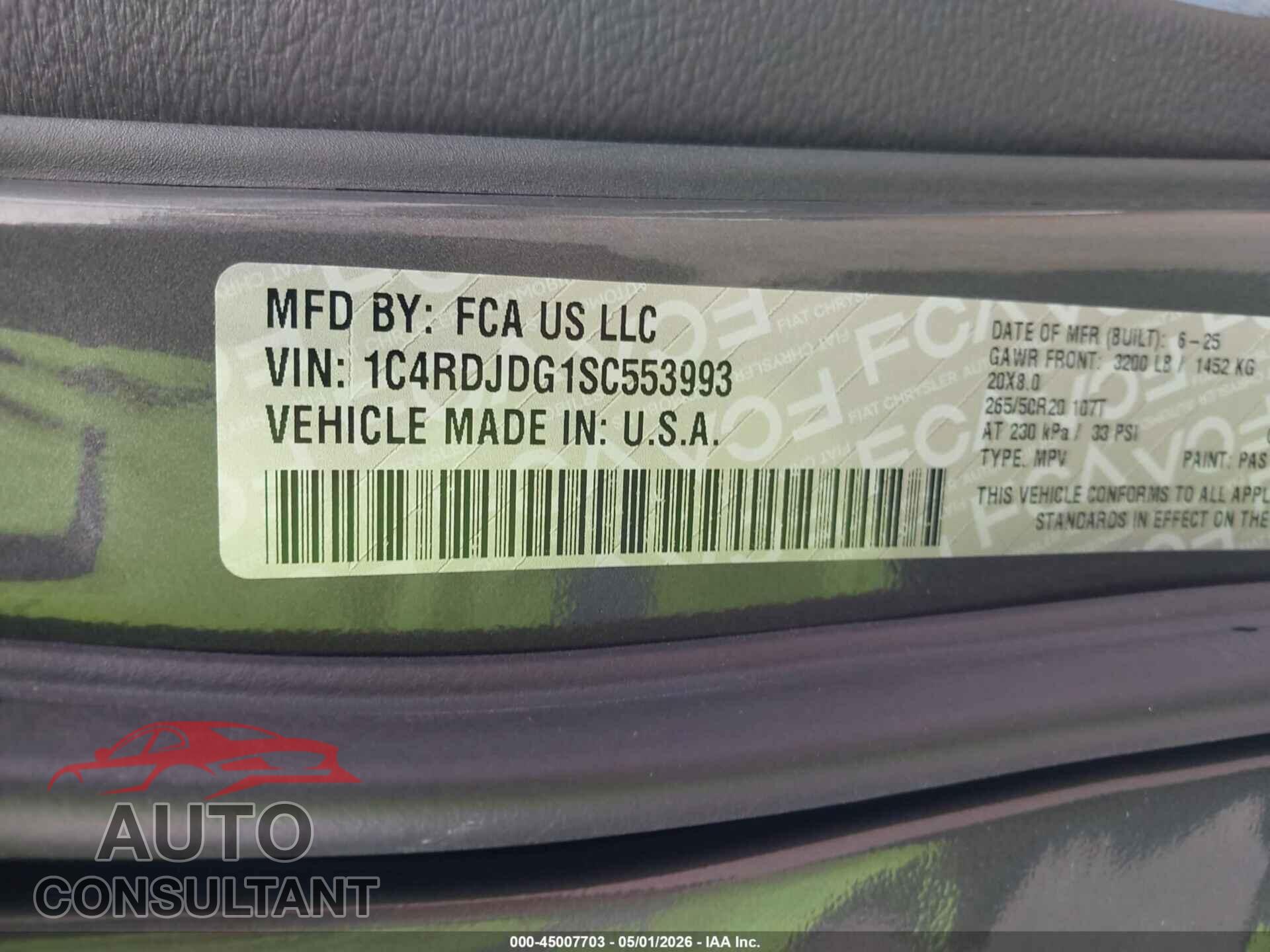 DODGE DURANGO 2025 - 1C4RDJDG1SC553993