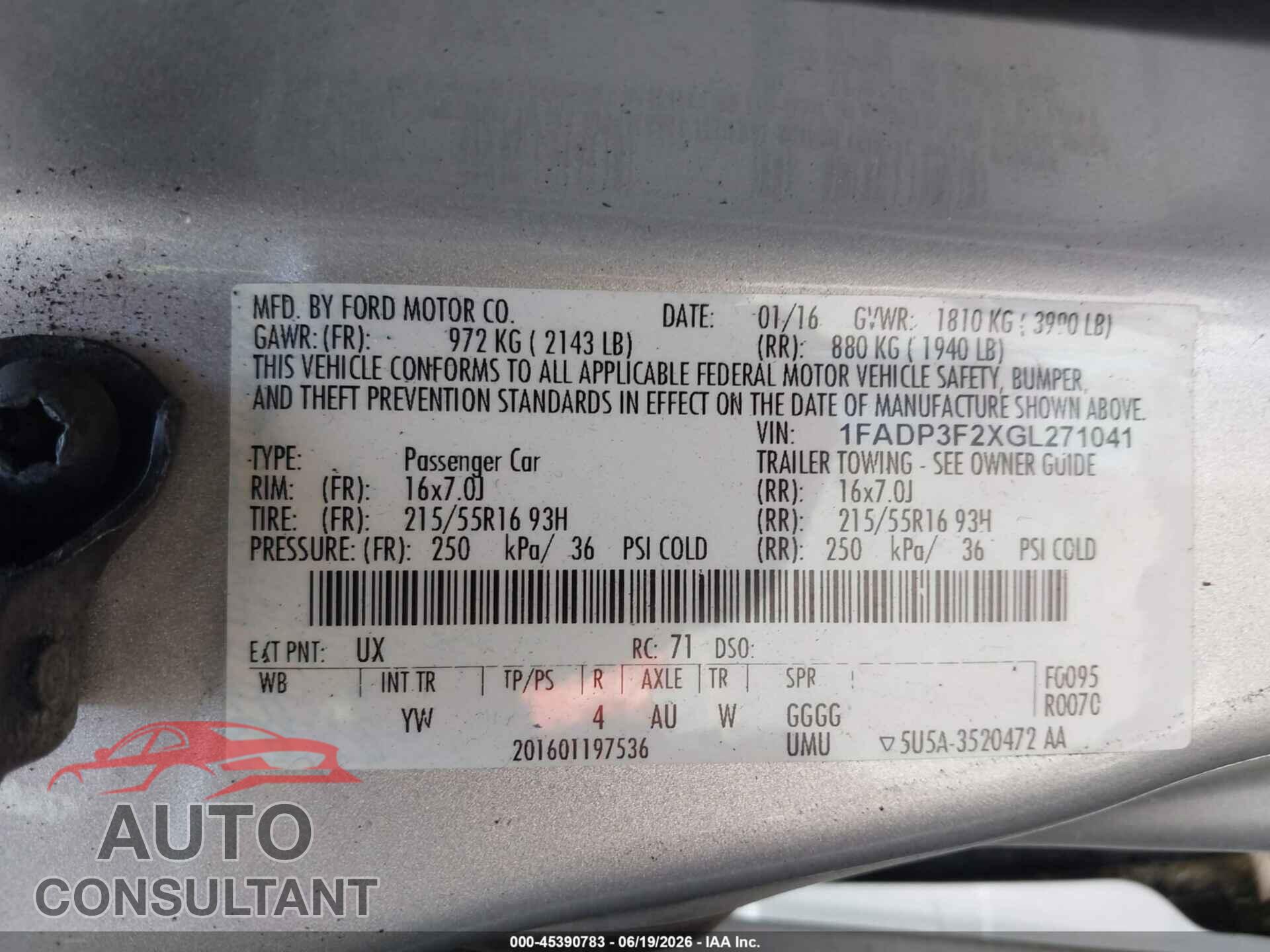 FORD FOCUS 2016 - 1FADP3F2XGL271041