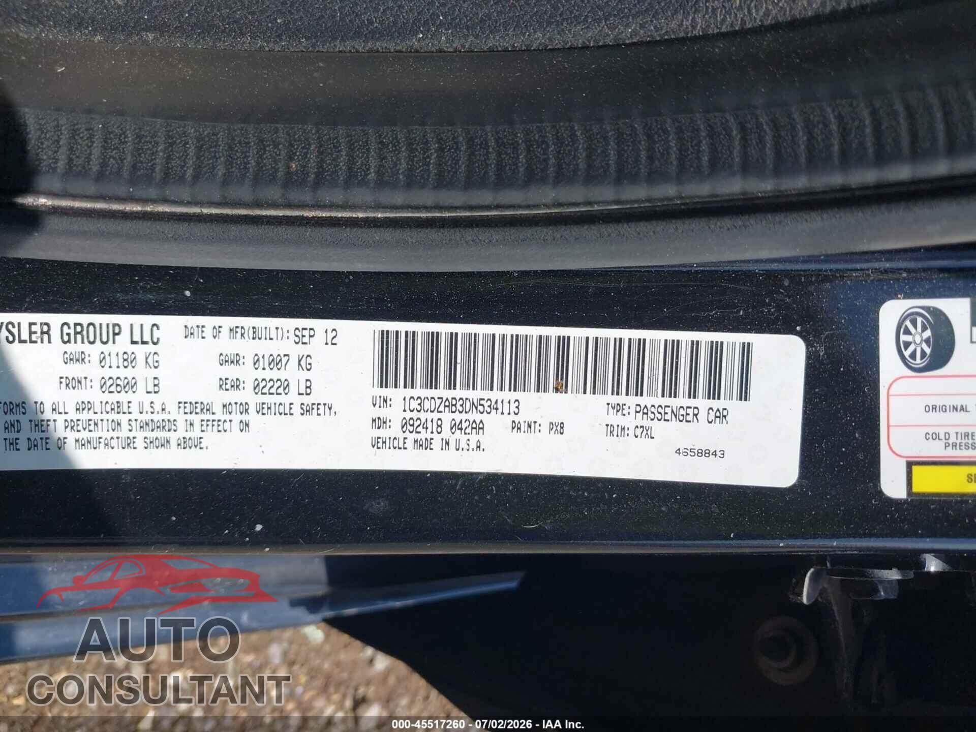 DODGE AVENGER 2013 - 1C3CDZAB3DN534113