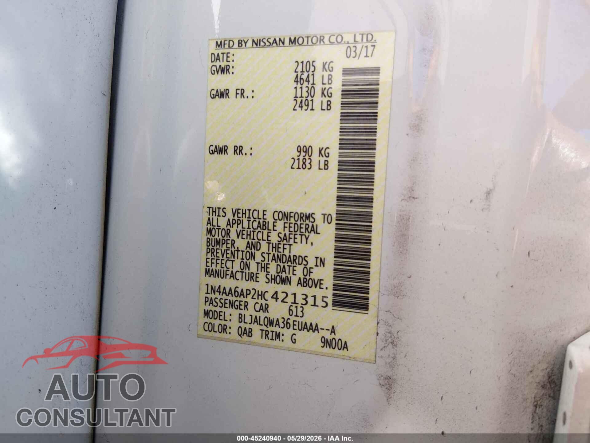 NISSAN MAXIMA 2017 - 1N4AA6AP2HC421315