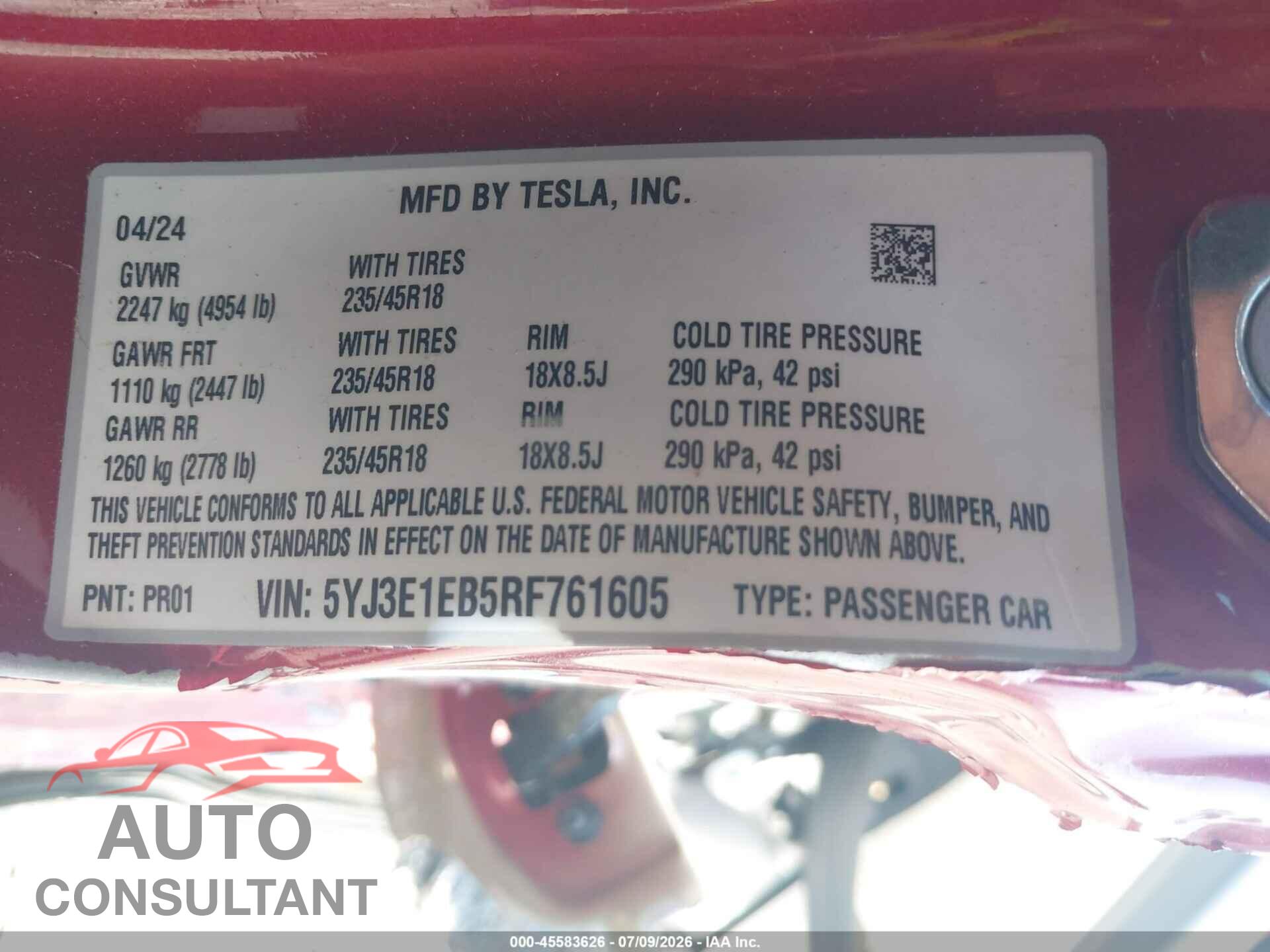 TESLA MODEL 3 2024 - 5YJ3E1EB5RF761605