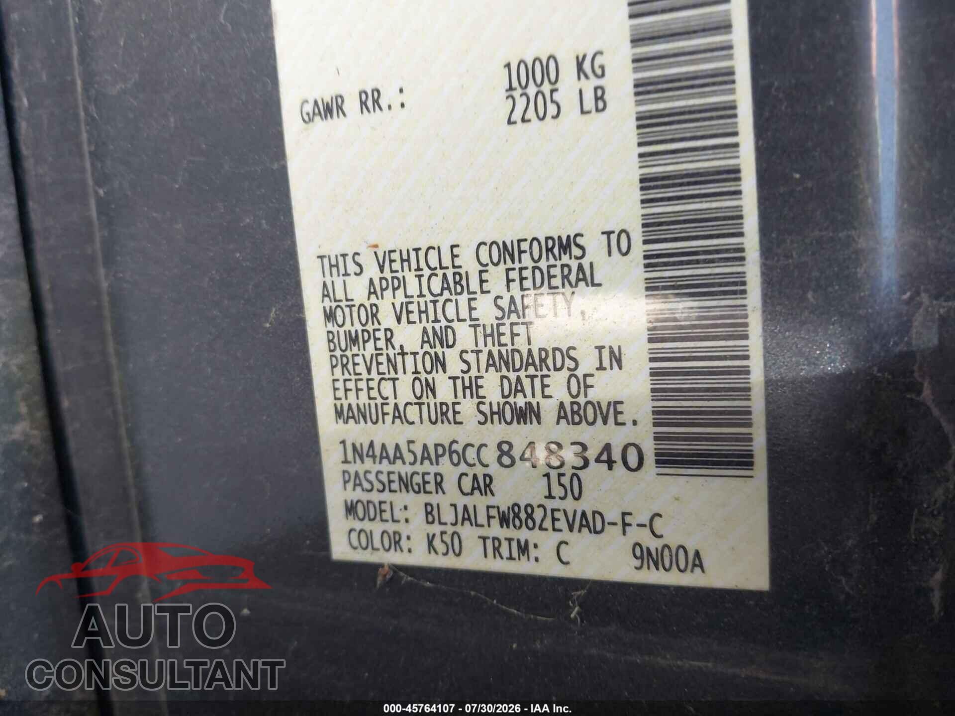 NISSAN MAXIMA 2012 - 1N4AA5AP6CC848340
