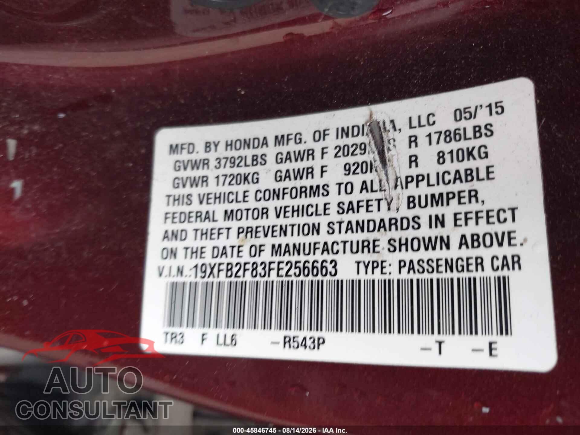 HONDA CIVIC 2015 - 19XFB2F83FE256663