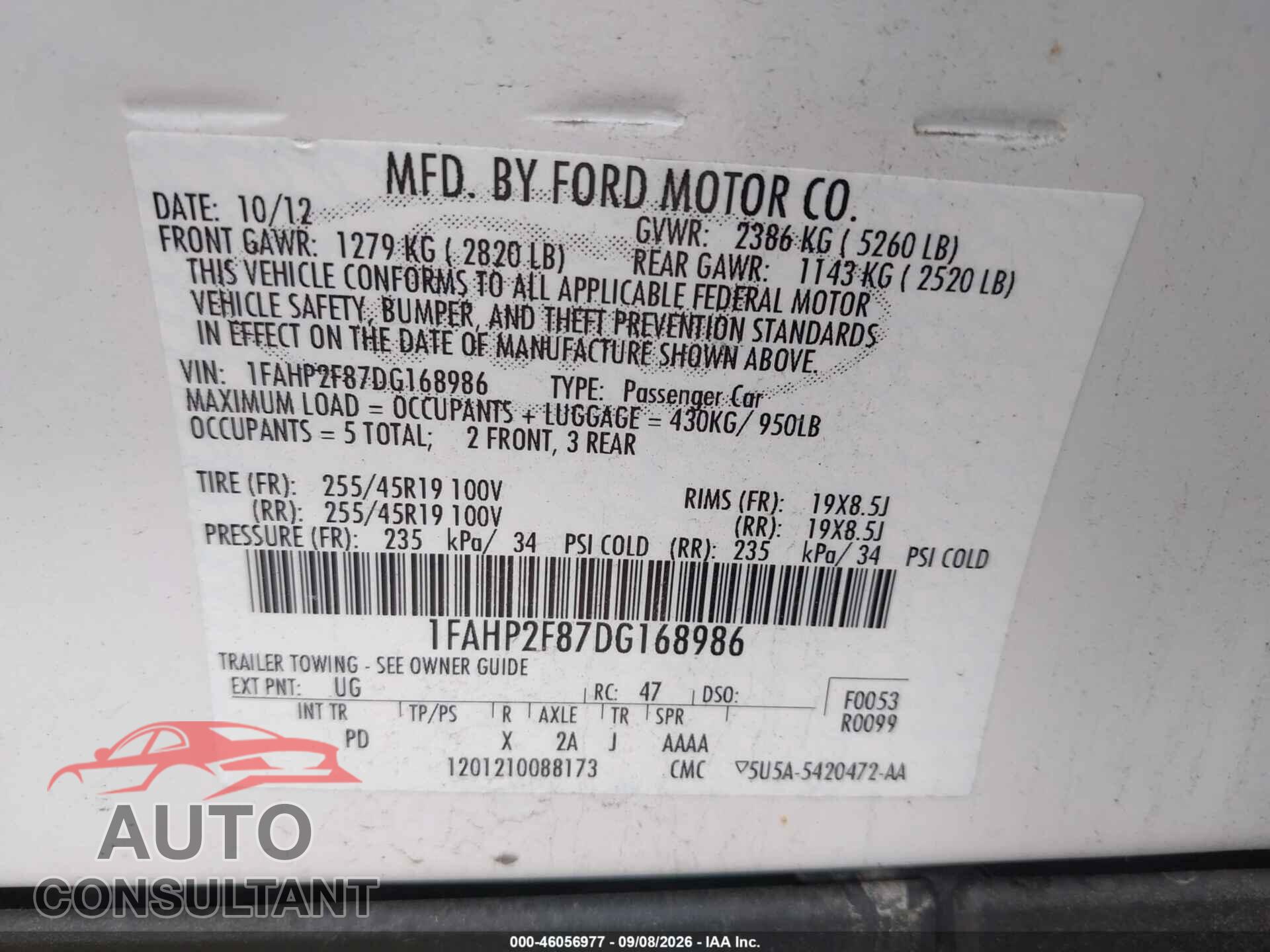 FORD TAURUS 2013 - 1FAHP2F87DG168986