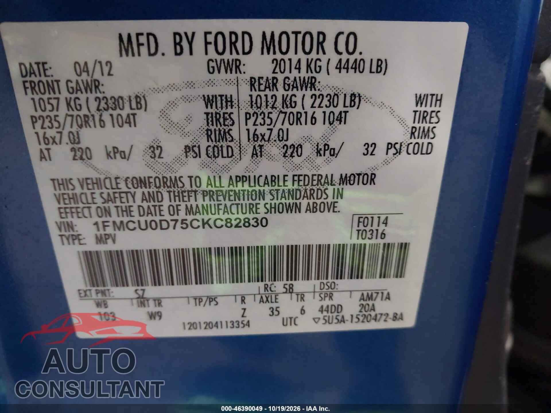 FORD ESCAPE 2012 - 1FMCU0D75CKC82830