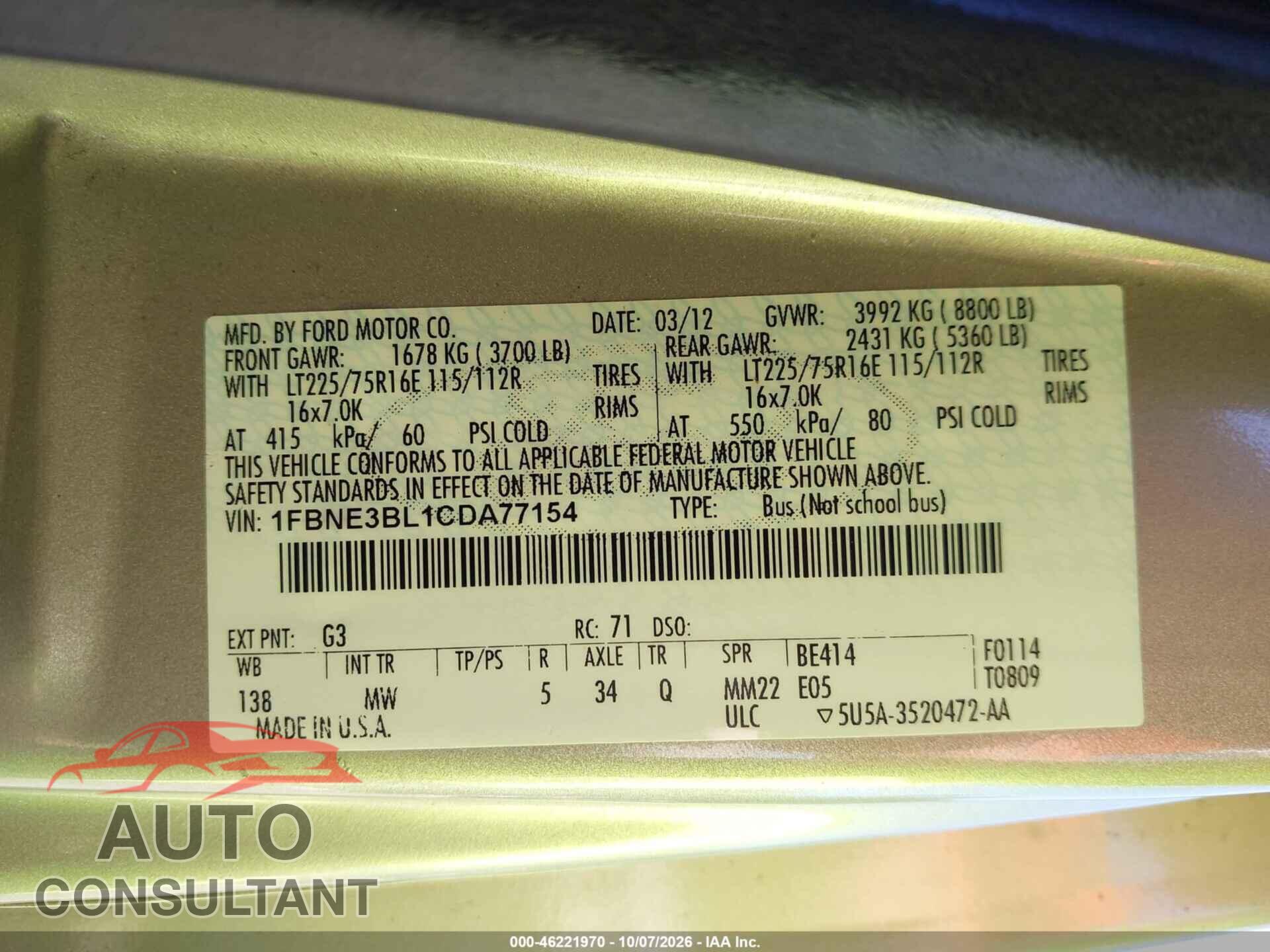 FORD E-350 SUPER DUTY 2012 - 1FBNE3BL1CDA77154