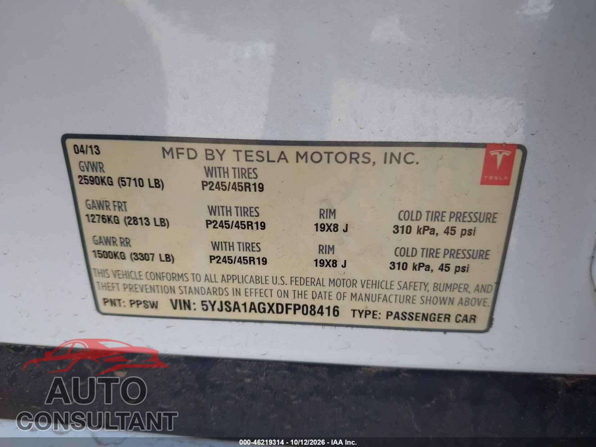 TESLA MODEL S 2013 - 5YJSA1AGXDFP08416