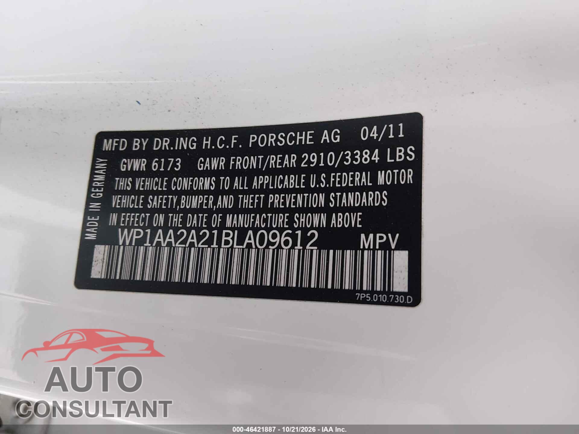 PORSCHE CAYENNE 2011 - WP1AA2A21BLA09612