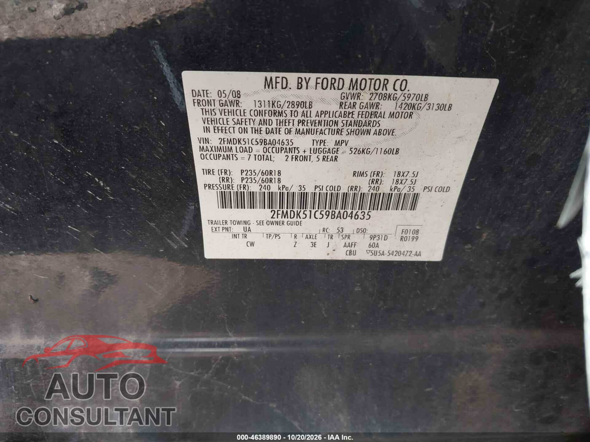 FORD FLEX 2009 - 2FMDK51C59BA04635
