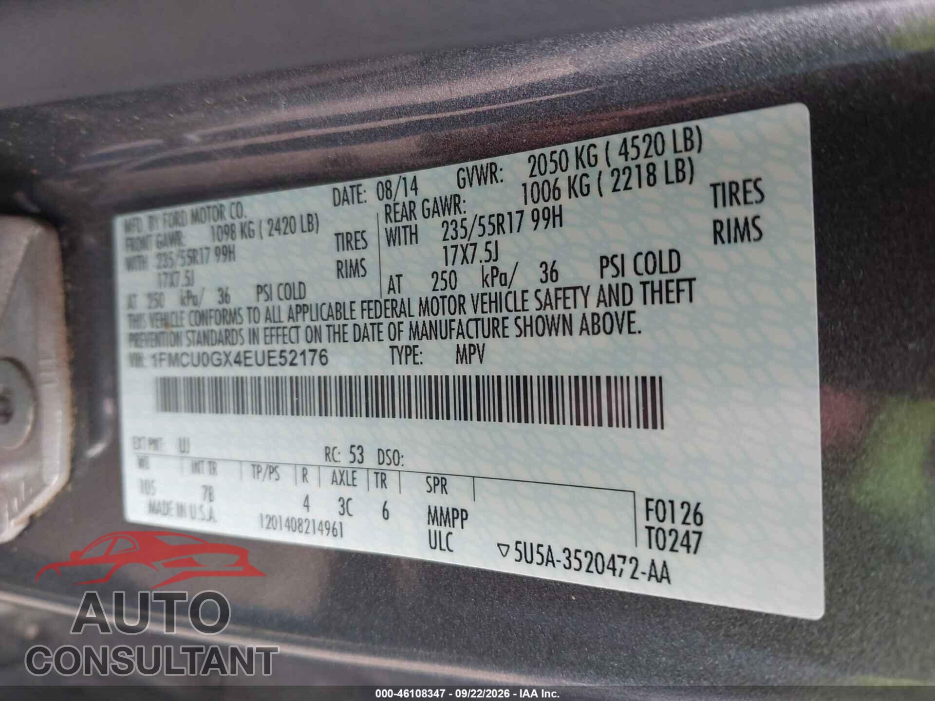 FORD ESCAPE 2014 - 1FMCU0GX4EUE52176