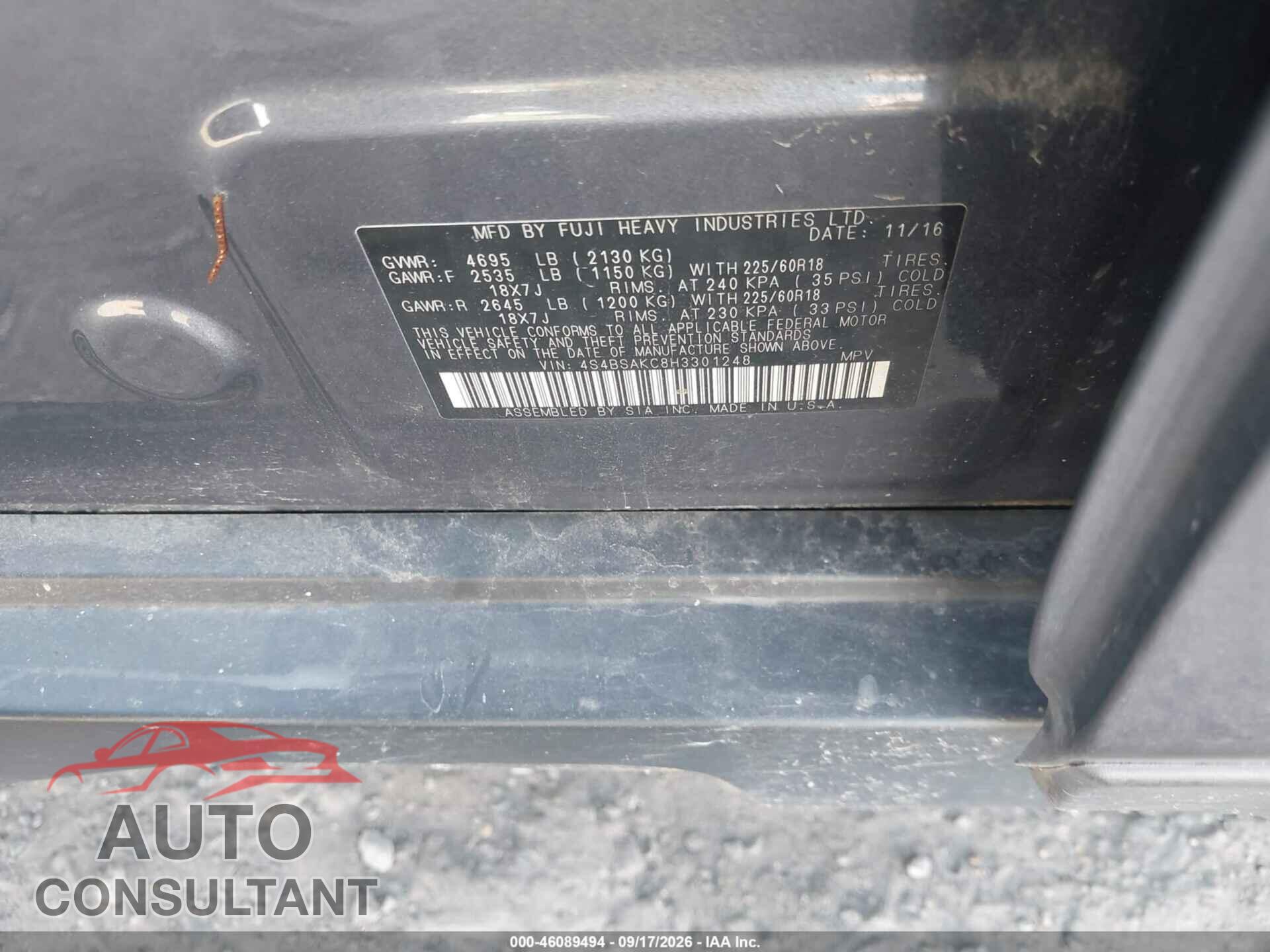 SUBARU OUTBACK 2017 - 4S4BSAKC8H3301248