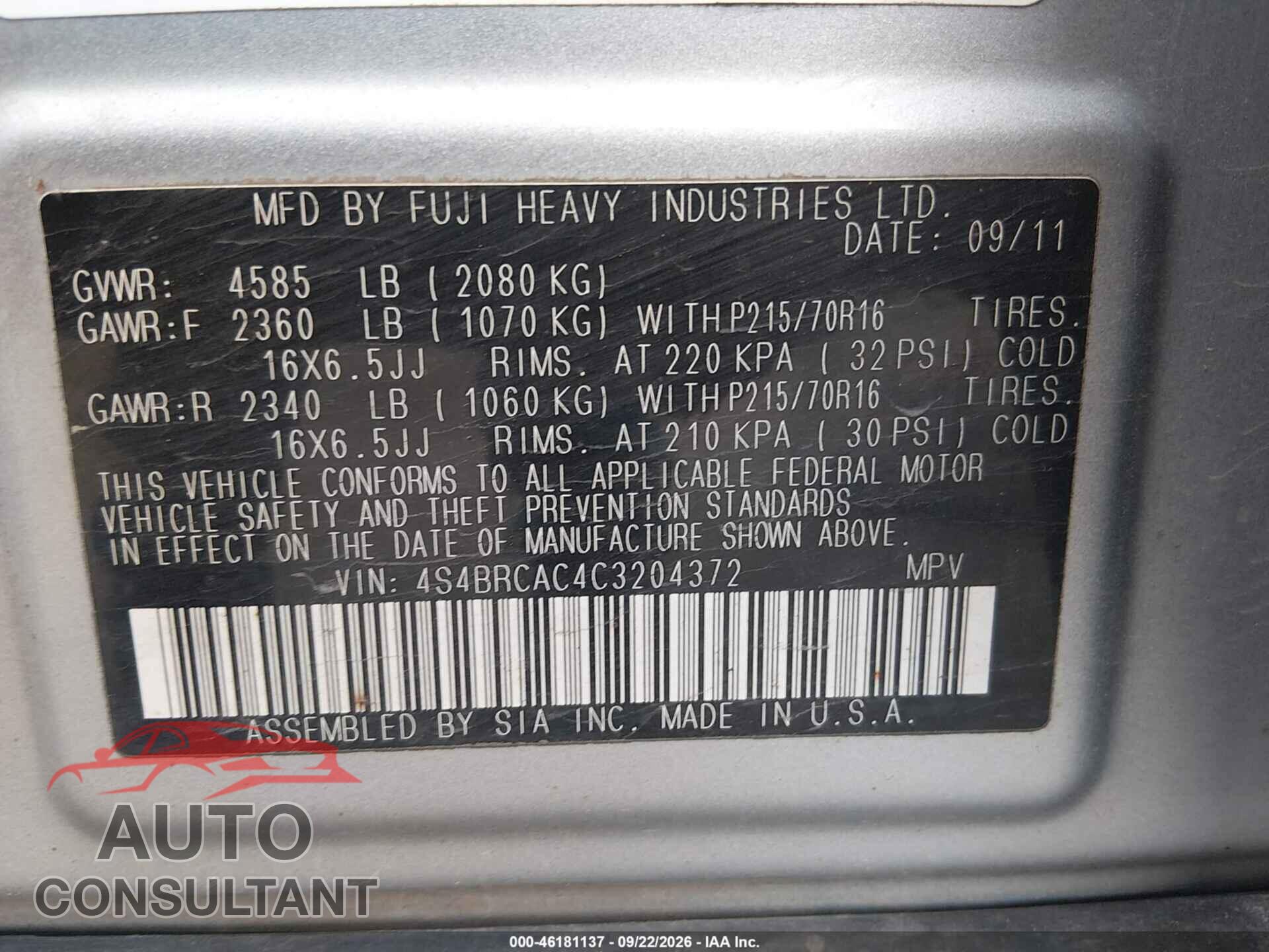 SUBARU OUTBACK 2012 - 4S4BRCAC4C3204372