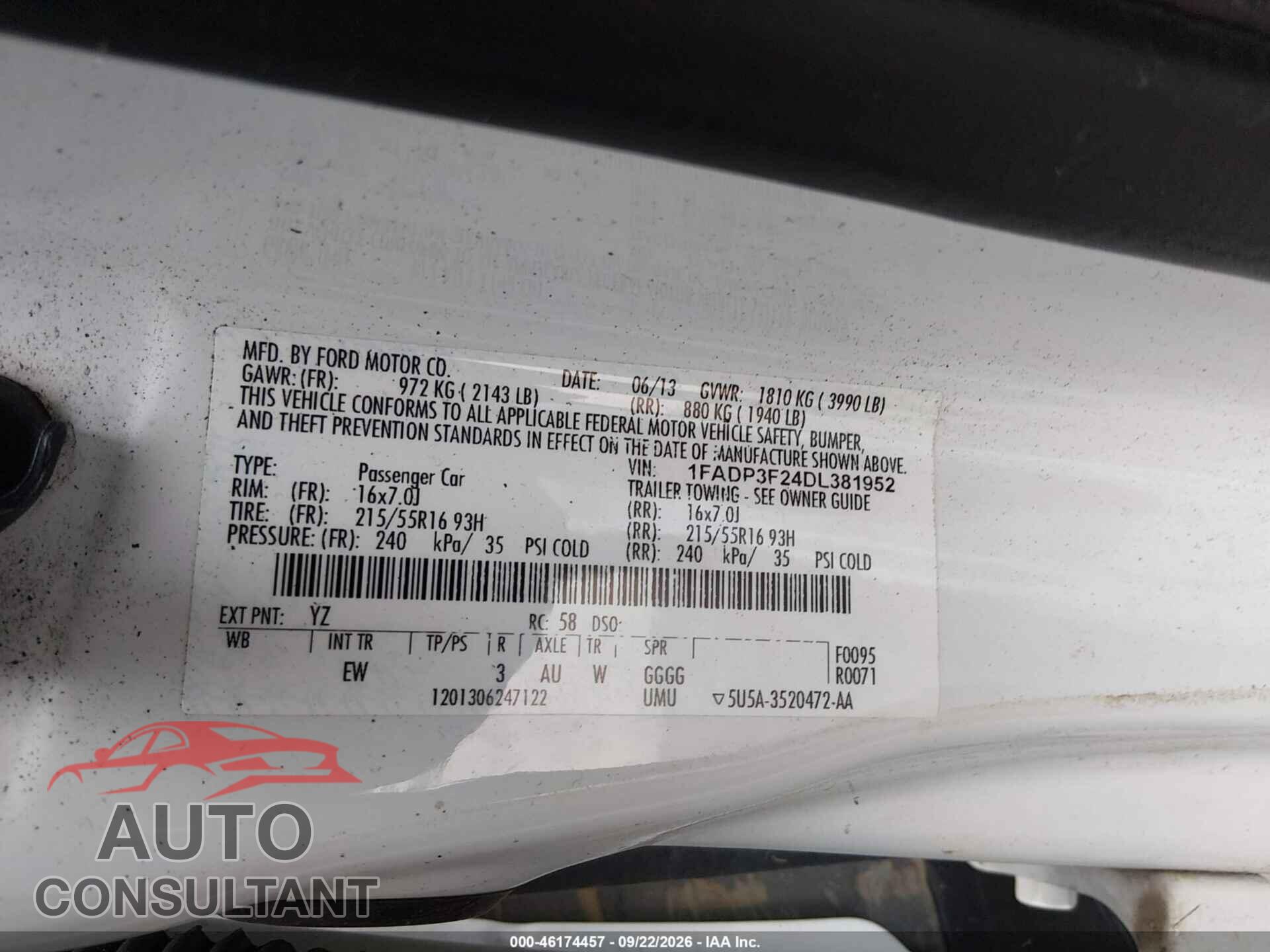 FORD FOCUS 2013 - 1FADP3F24DL381952