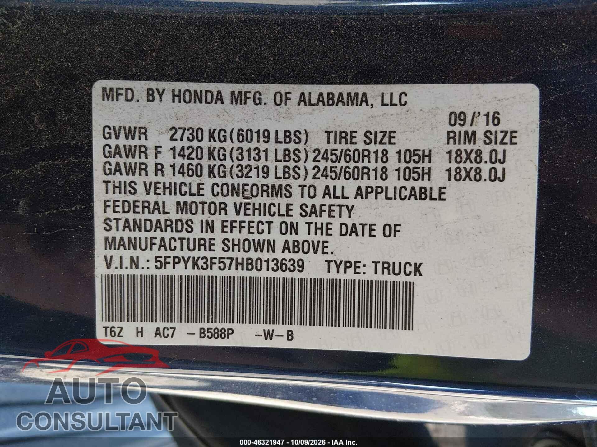 HONDA RIDGELINE 2017 - 5FPYK3F57HB013639