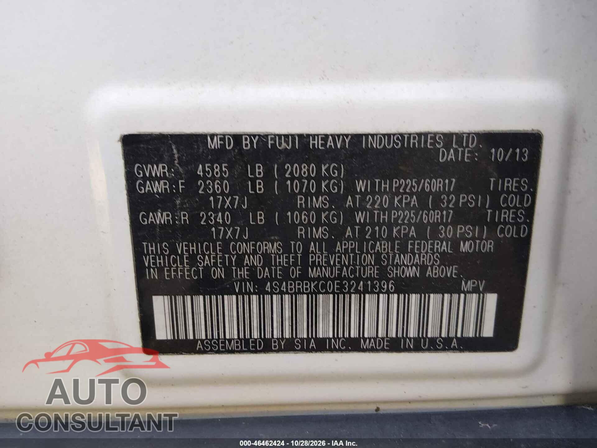 SUBARU OUTBACK 2014 - 4S4BRBKC0E3241396