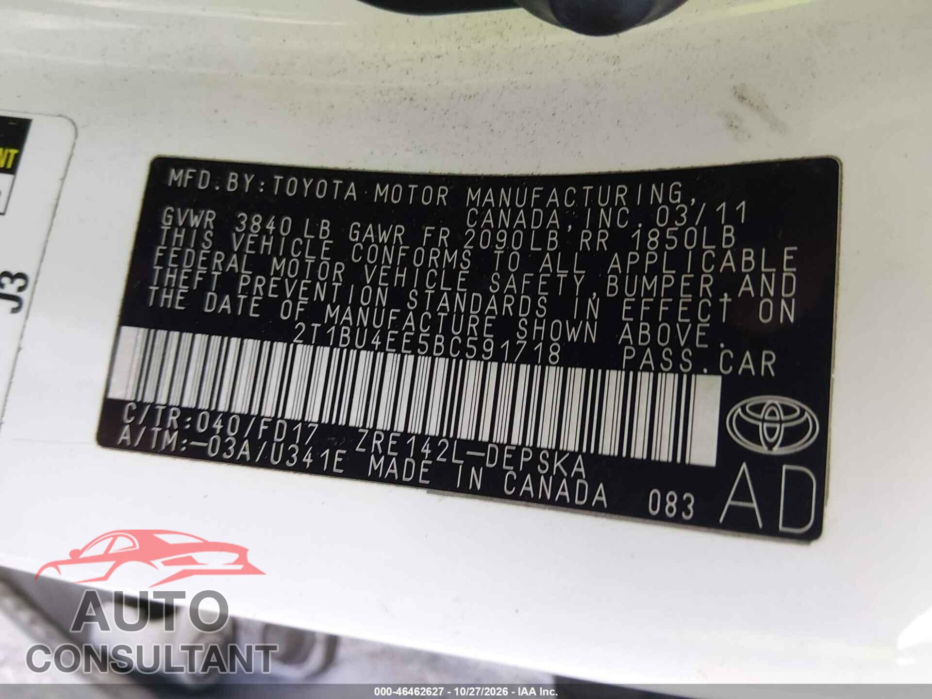 TOYOTA COROLLA 2011 - 2T1BU4EE5BC591718