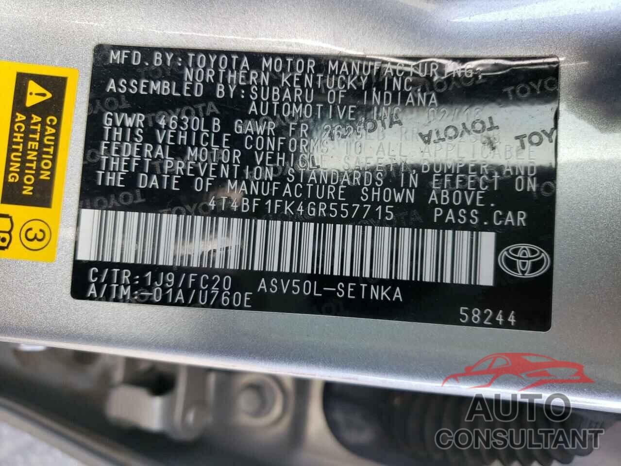 TOYOTA CAMRY 2016 - 4T4BF1FK4GR557715