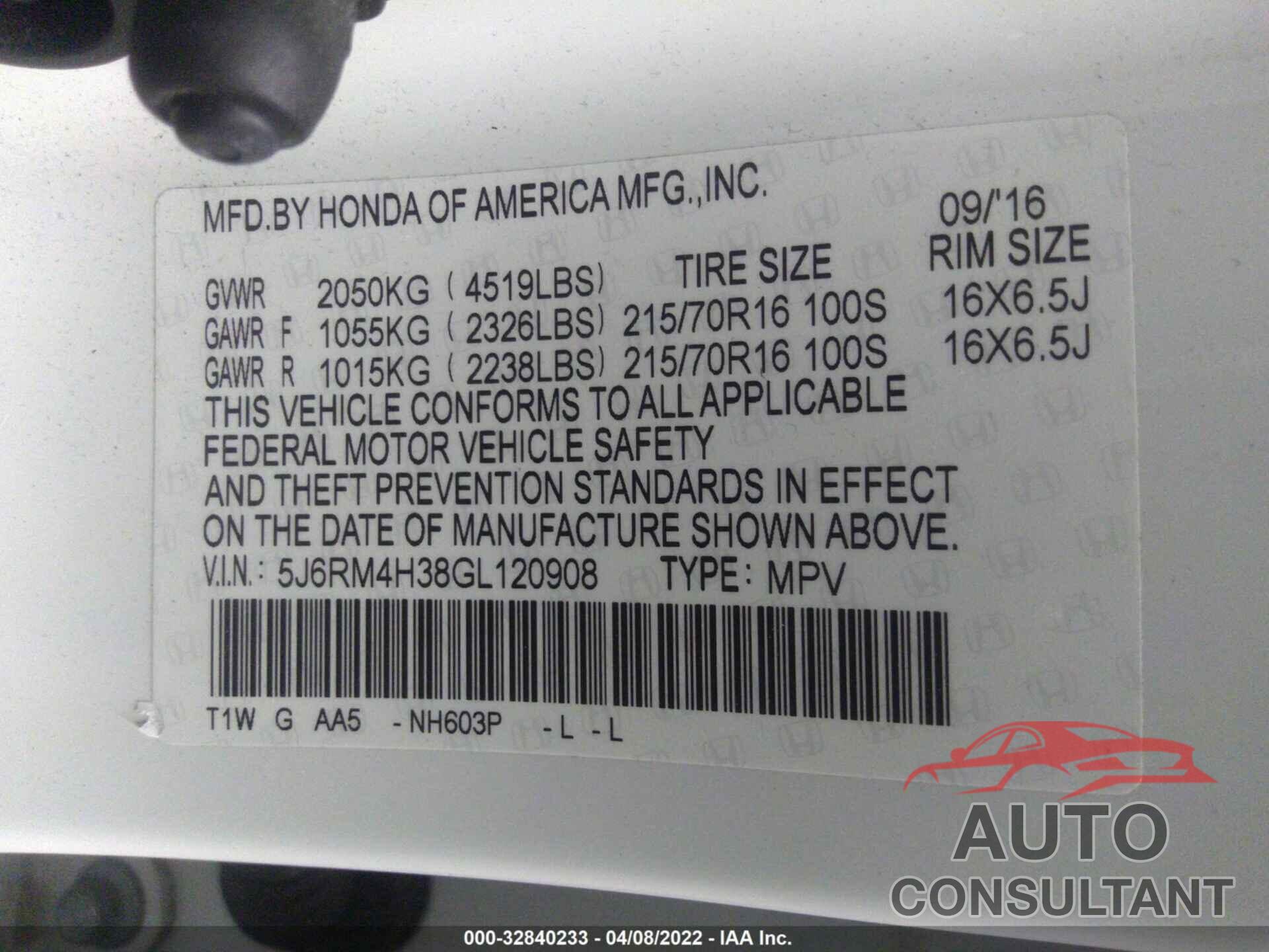 HONDA CR-V 2016 - 5J6RM4H38GL120908