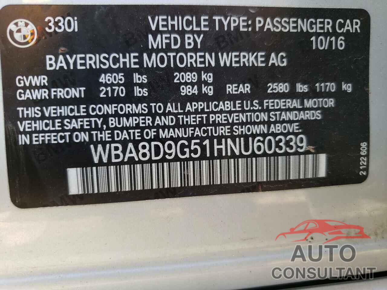 BMW 3 SERIES 2017 - WBA8D9G51HNU60339