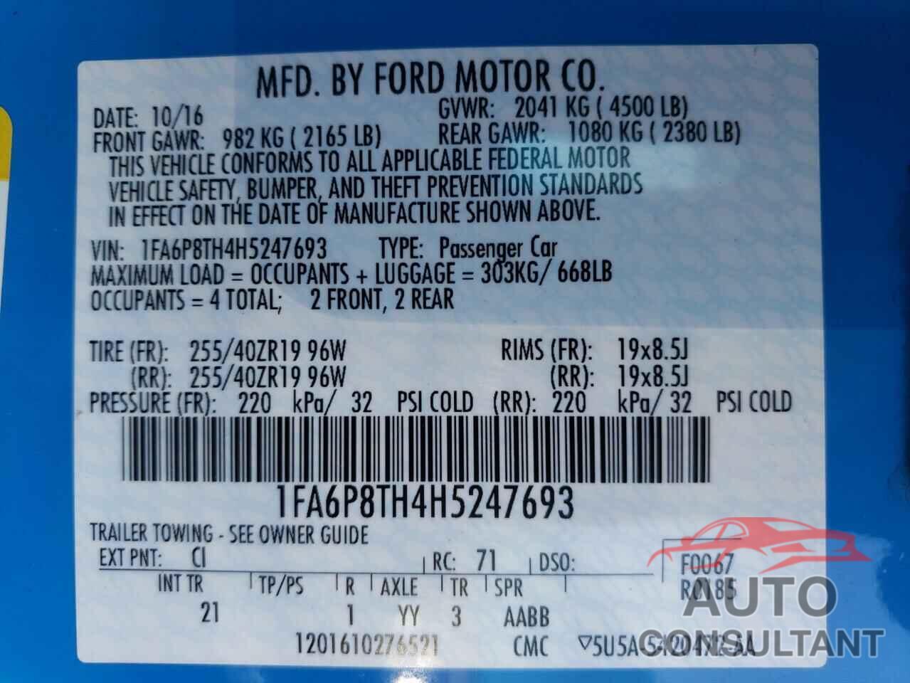 FORD MUSTANG 2017 - 1FA6P8TH4H5247693