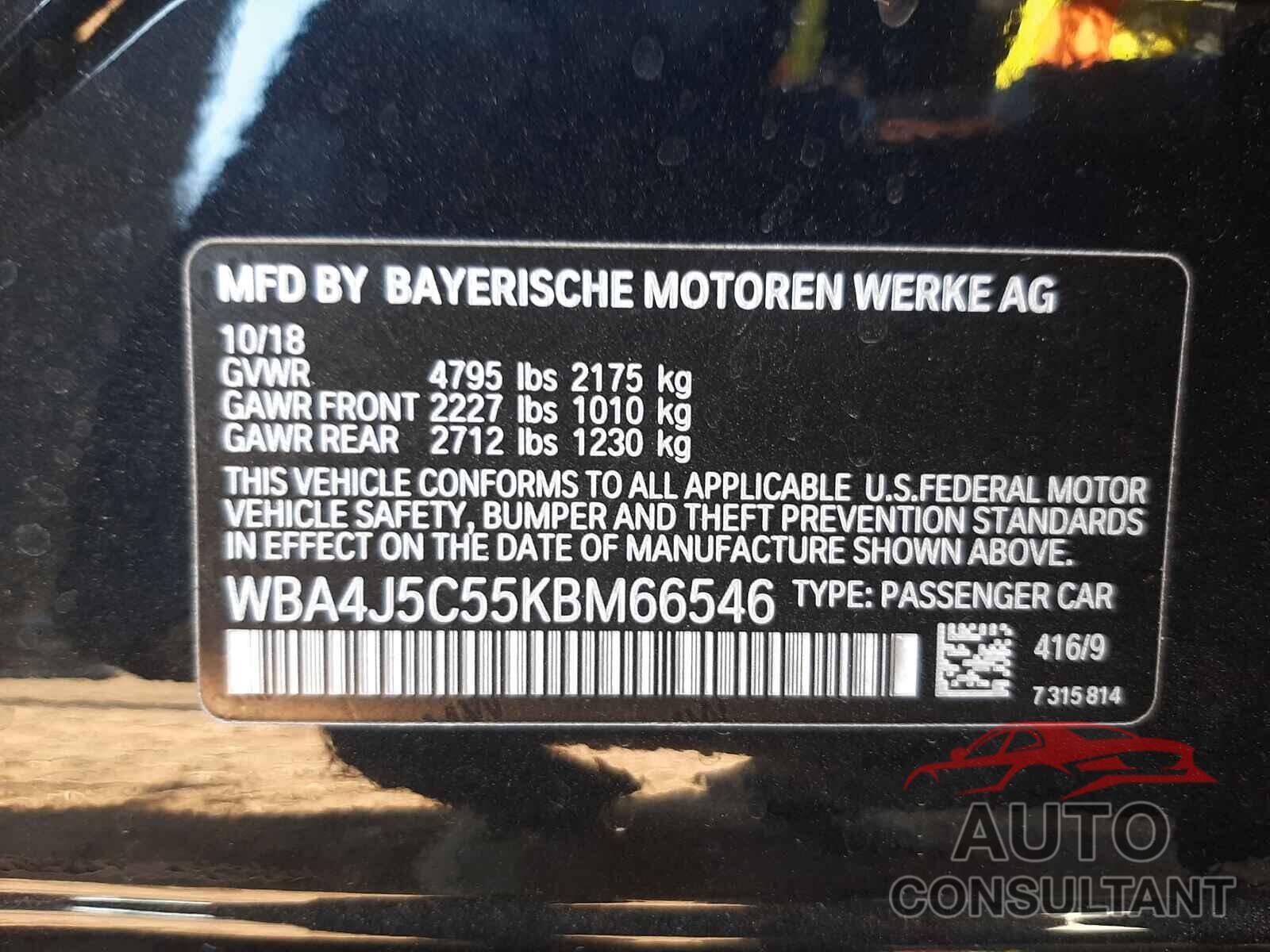 BMW 4 SERIES 2019 - WBA4J5C55KBM66546