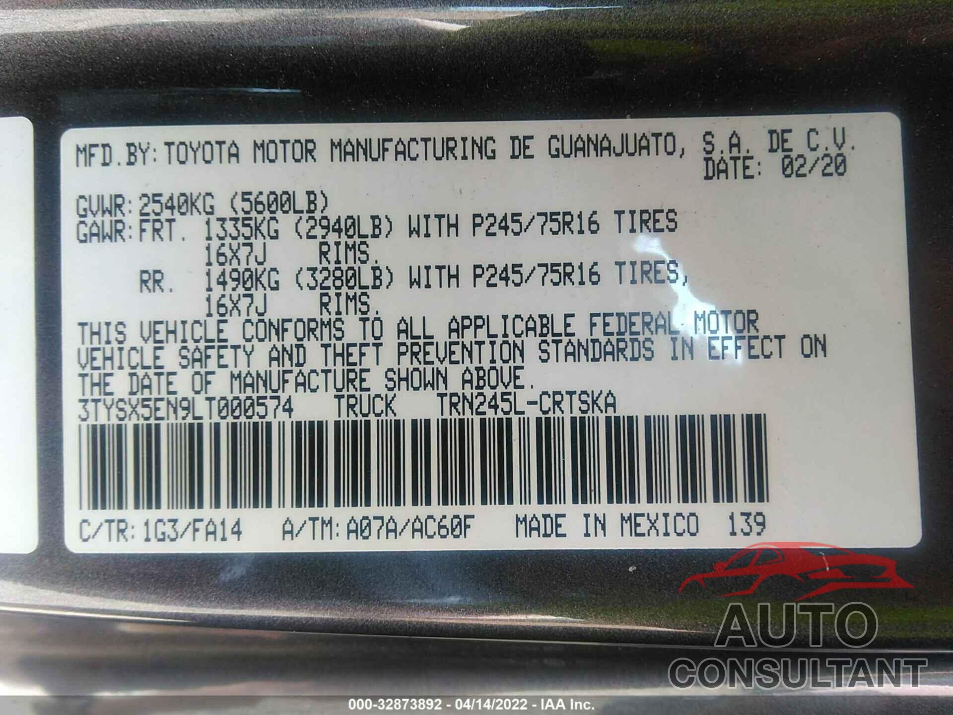 TOYOTA TACOMA 4WD 2020 - 3TYSX5EN9LT000574
