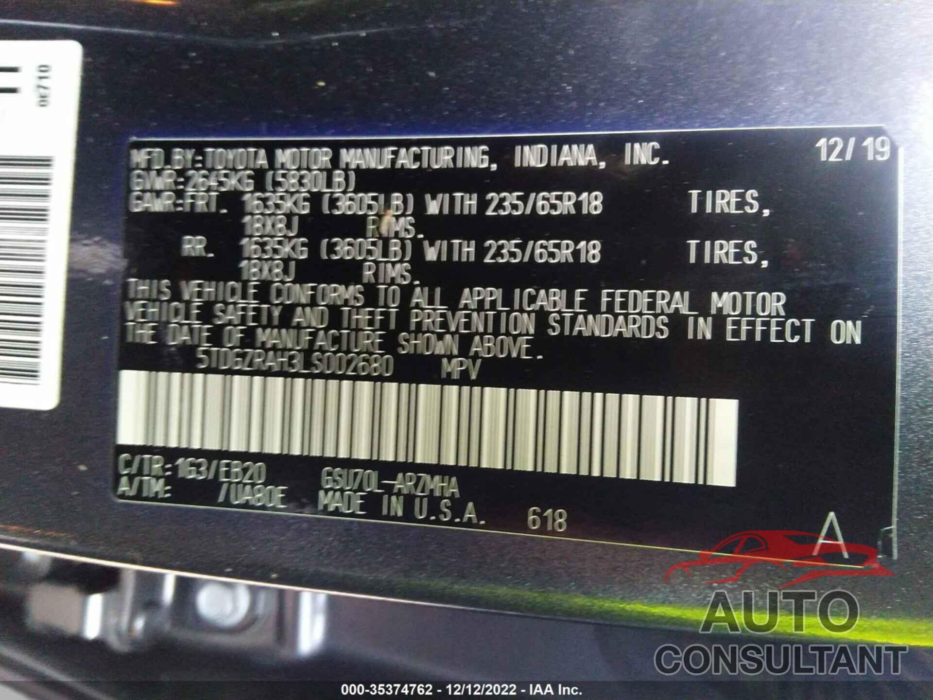 TOYOTA HIGHLANDER 2020 - 5TDGZRAH3LS002680